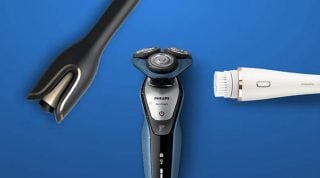 "Přístroje pro osobní hygienu Philips na modrém pozadí: elektrický holicí strojek, strojek na vousy a kartáček na čištění obličeje pro osobní péči mužů."